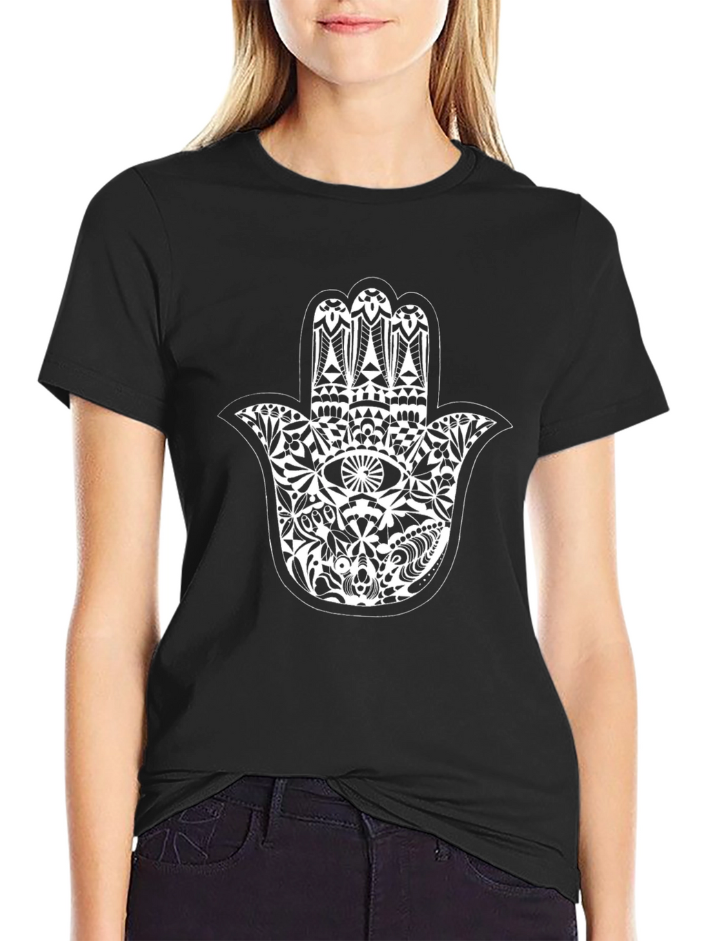Black T-Shirt with Hamsa Hand Graphic Print