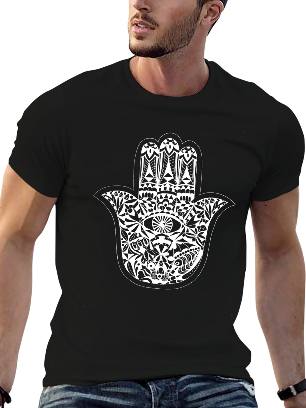 Black T-Shirt with Hamsa Hand Graphic Print