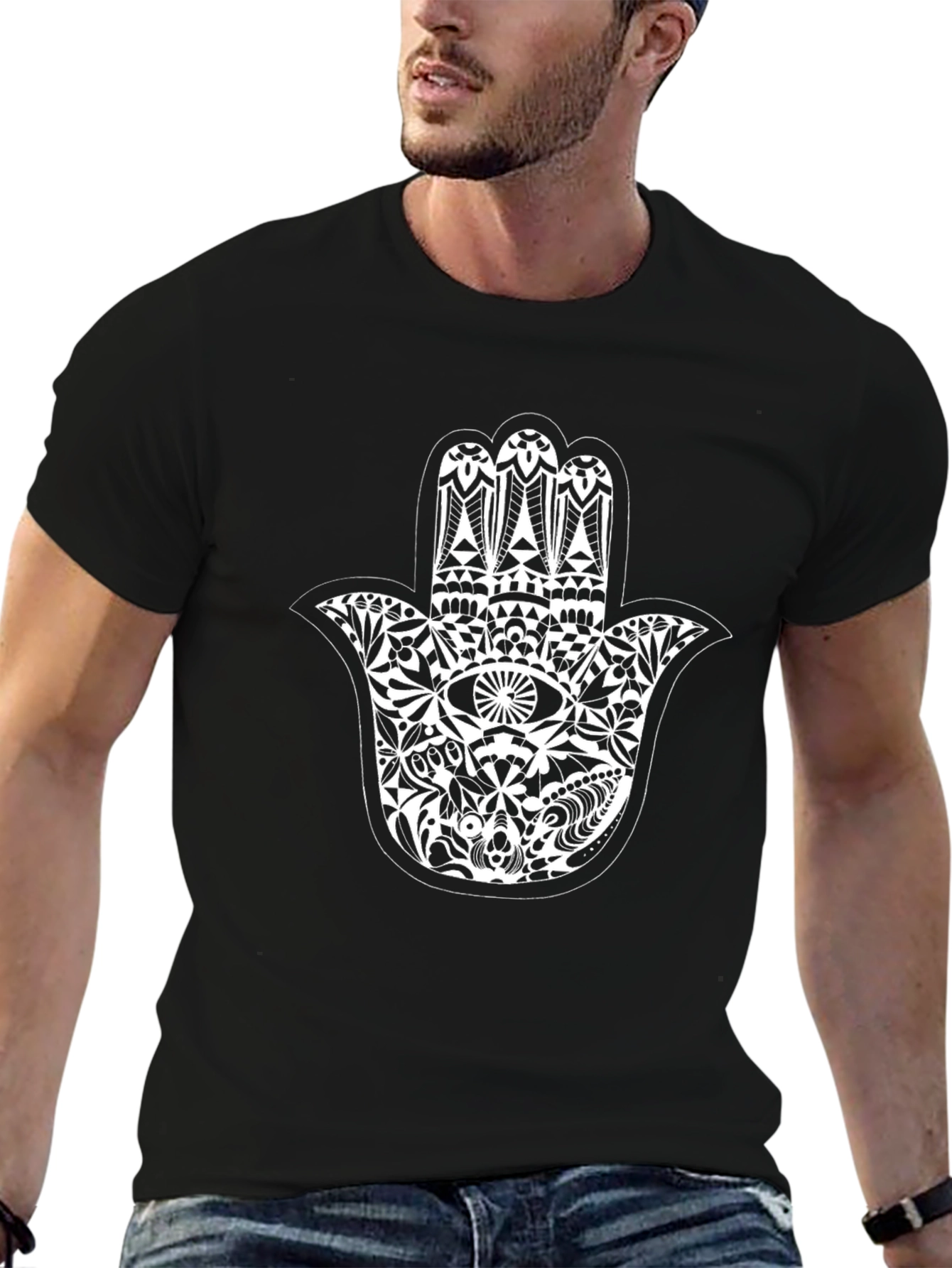 Black T-Shirt with Hamsa Hand Graphic Print