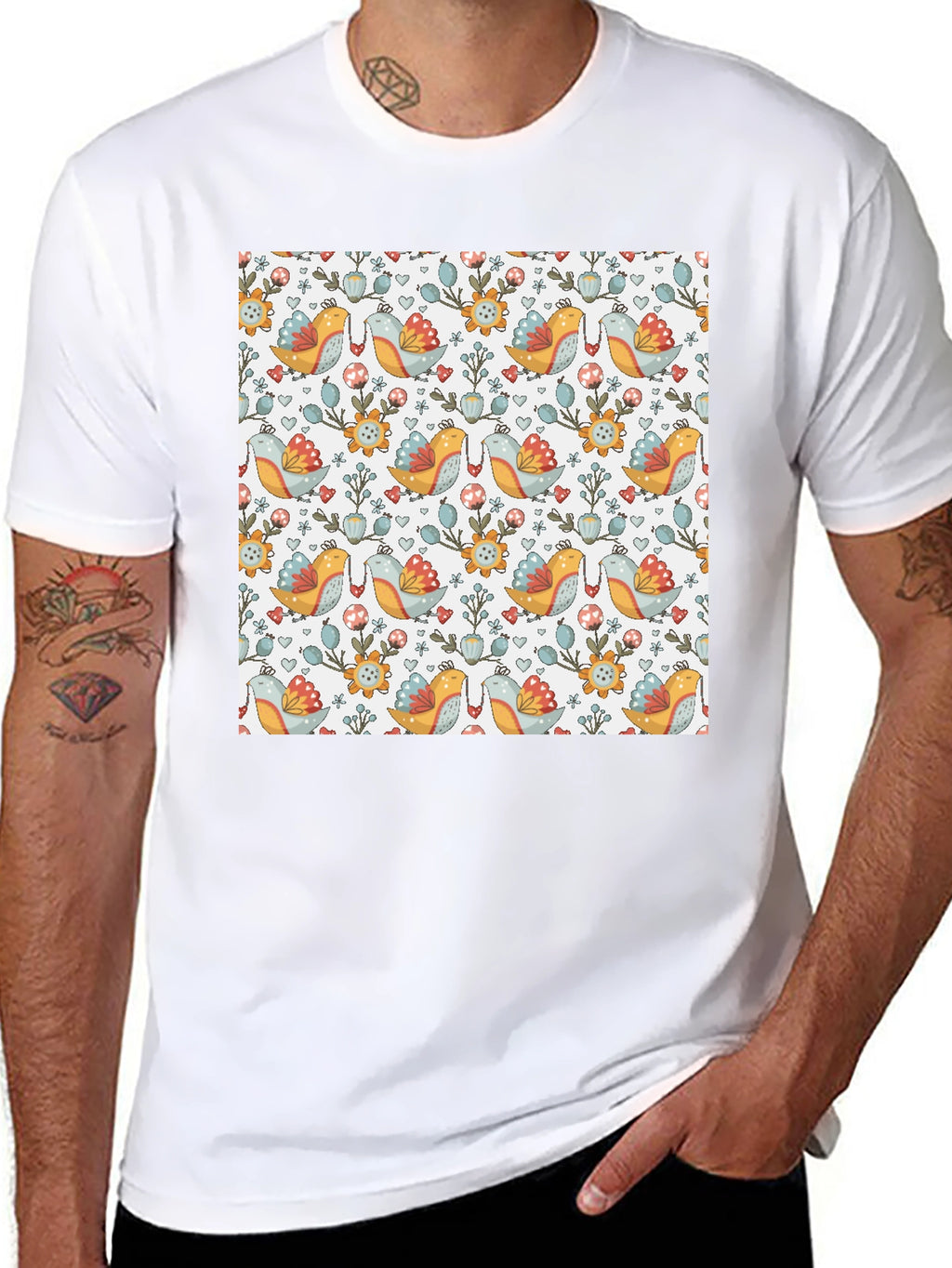 Bird & Floral Patterned T-Shirt