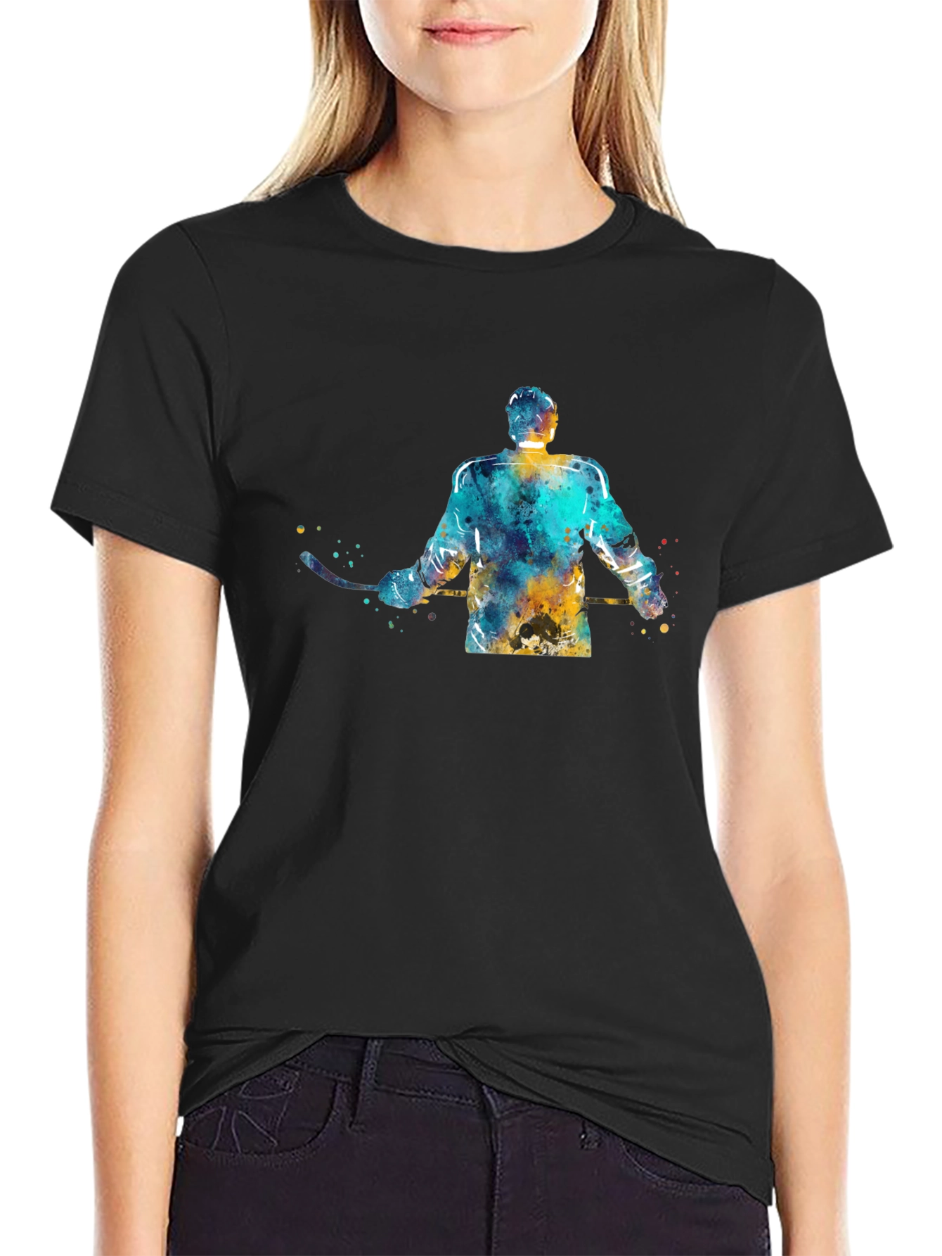 Hockey Player Watercolor Graphic Tee - Black