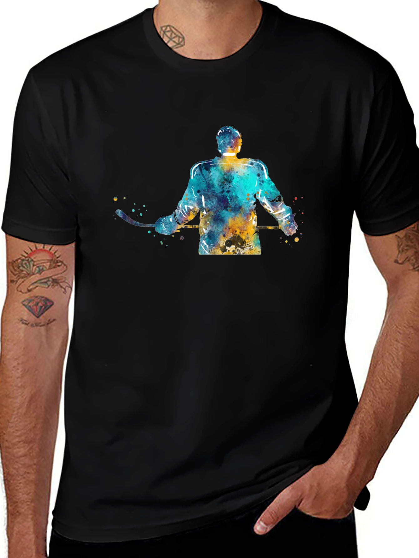 Hockey Player Watercolor Graphic Tee - Black