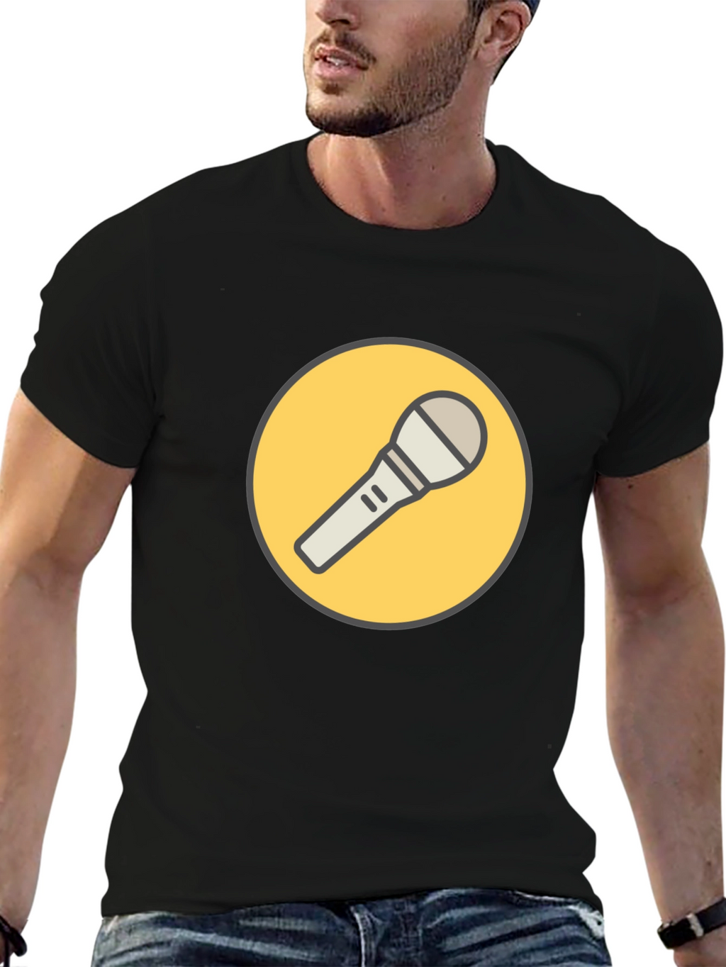 Black T-Shirt with Microphone Graphic