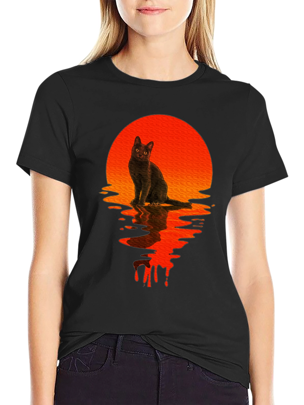 Black Cat Sunset Graphic T-Shirt
