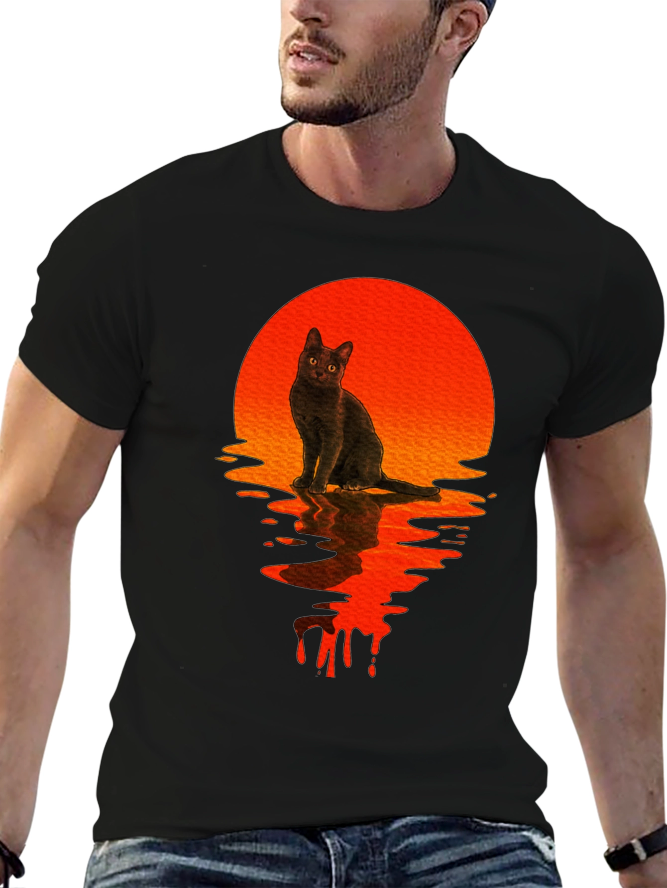Black Cat Sunset Graphic T-Shirt