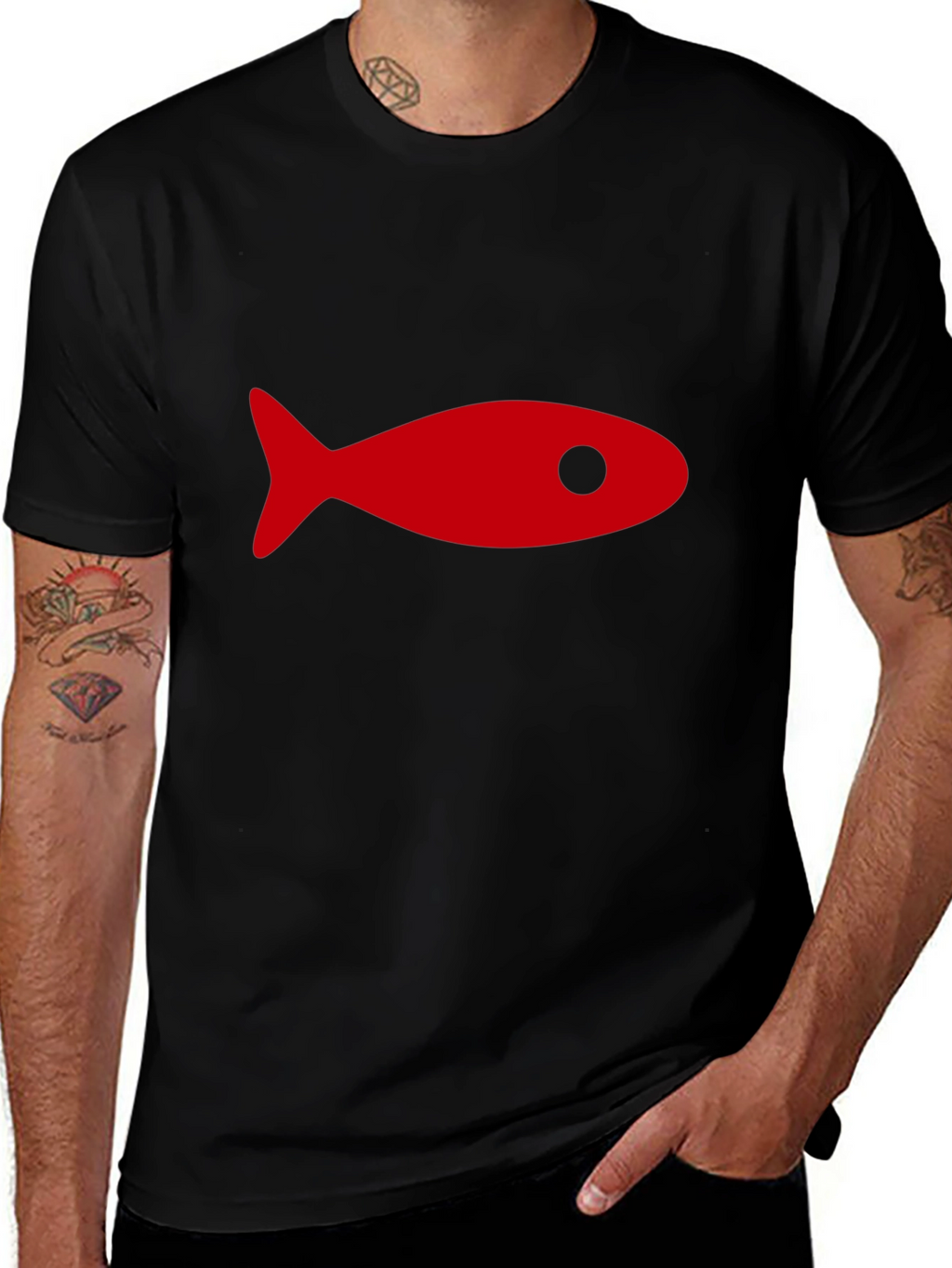 Black T-Shirt with Red Fish Graphic
