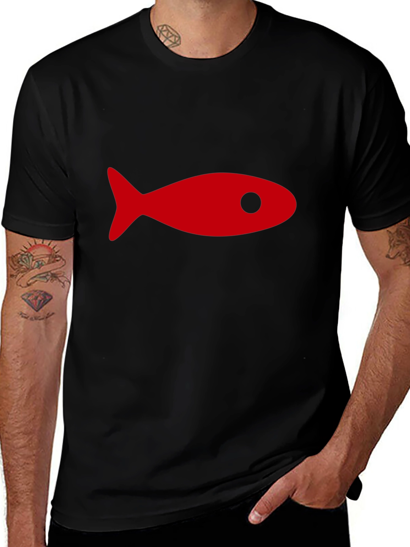 Black T-Shirt with Red Fish Graphic