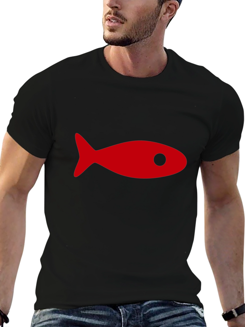 Black T-Shirt with Red Fish Graphic