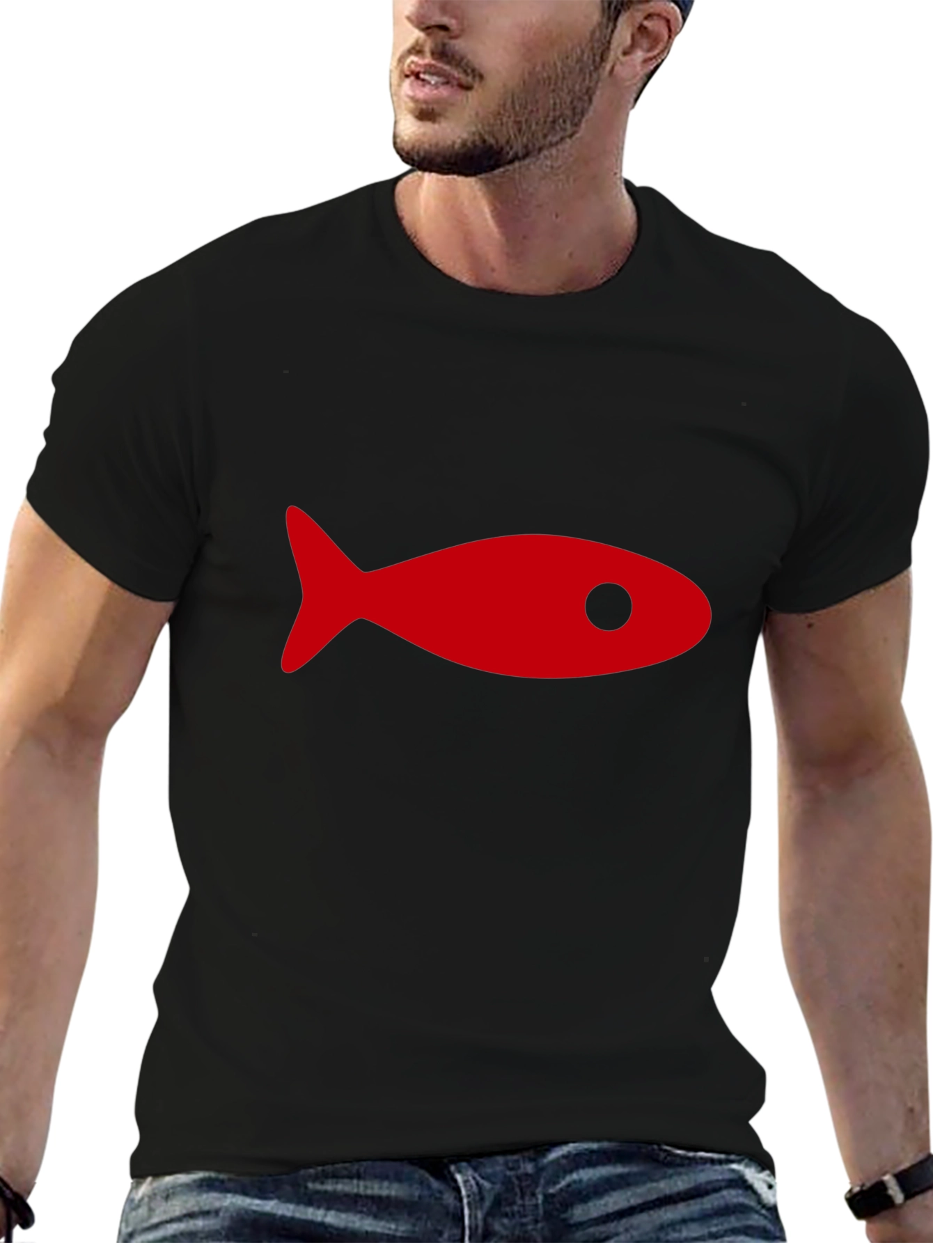 Black T-Shirt with Red Fish Graphic