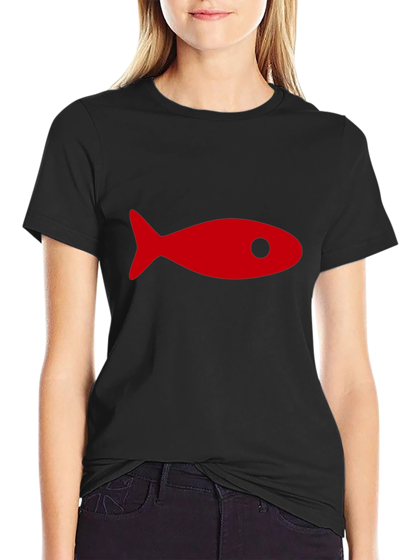 Black T-Shirt with Red Fish Graphic