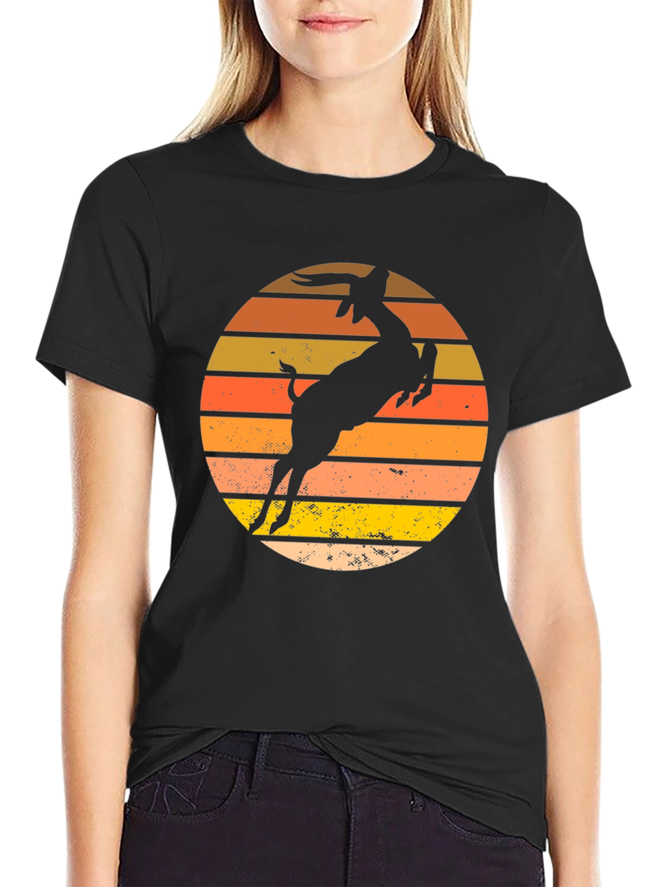 Vintage Gazelle Sunset Graphic Tee - Black Cotton Blend