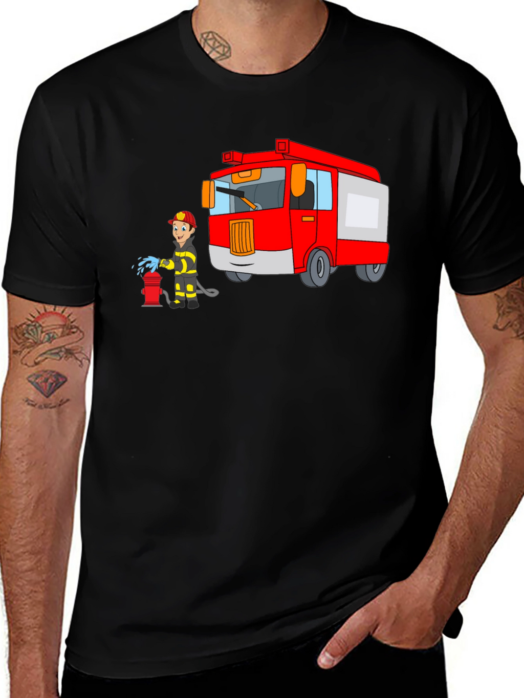 Firefighter Cartoon Graphic Black T-Shirt