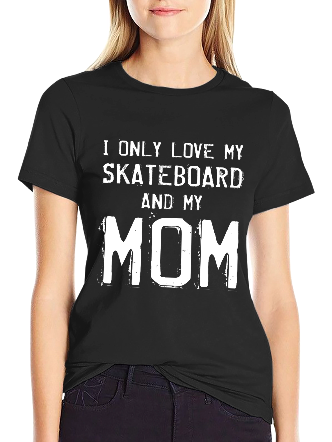 Skateboard & Mom Graphic Tee - Black Cotton T-Shirt