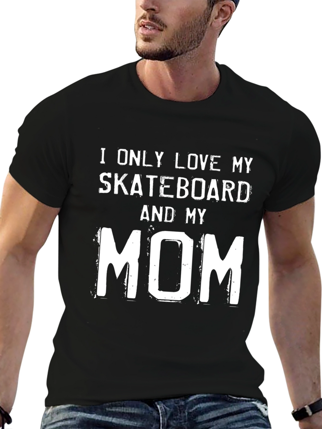 Skateboard & Mom Graphic Tee - Black Cotton T-Shirt