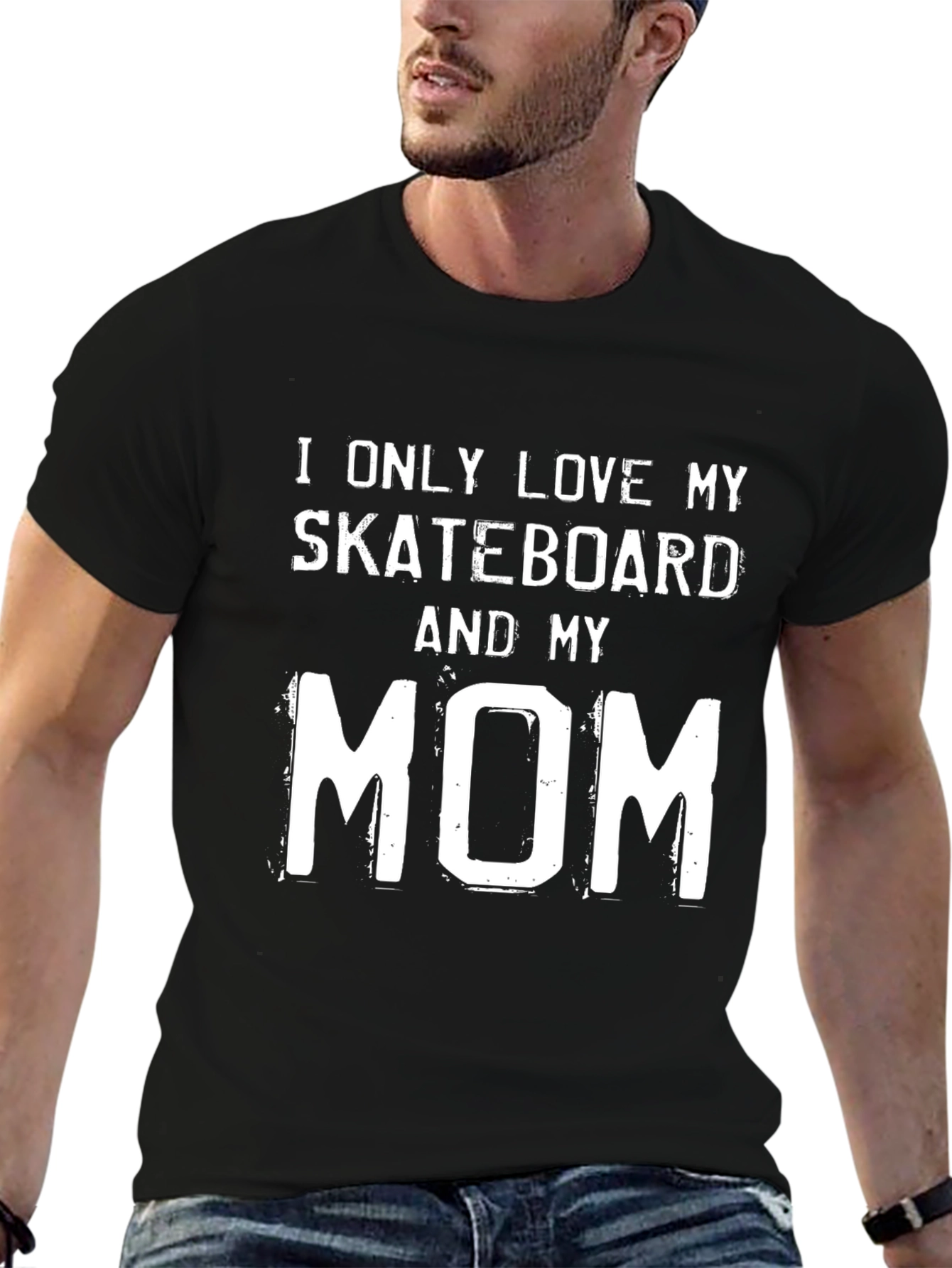 Skateboard & Mom Graphic Tee - Black Cotton T-Shirt