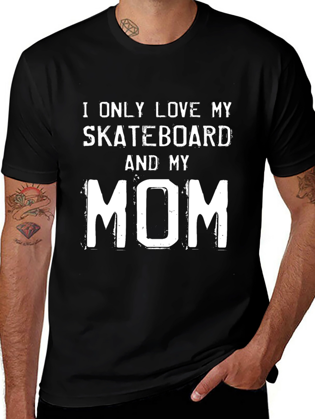 Skateboard & Mom Graphic Tee - Black Cotton T-Shirt