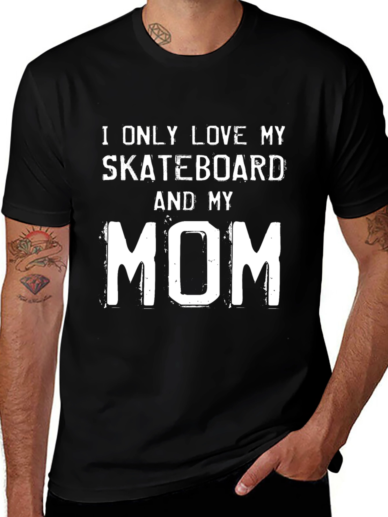Skateboard & Mom Graphic Tee - Black Cotton T-Shirt