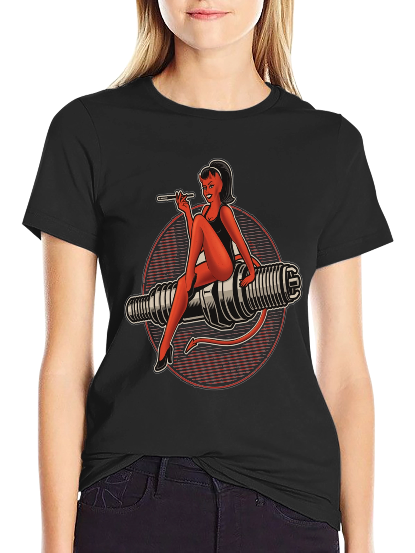 Devil Pin-Up Girl Spark Plug Graphic T-Shirt