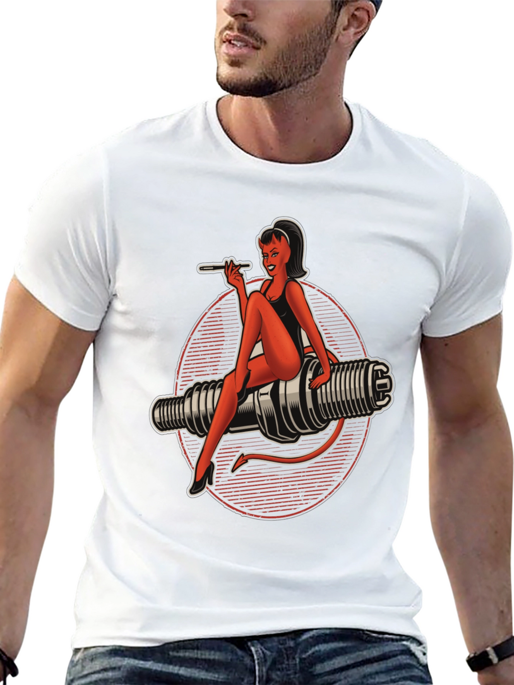Devil Pin-Up Girl Spark Plug Graphic T-Shirt