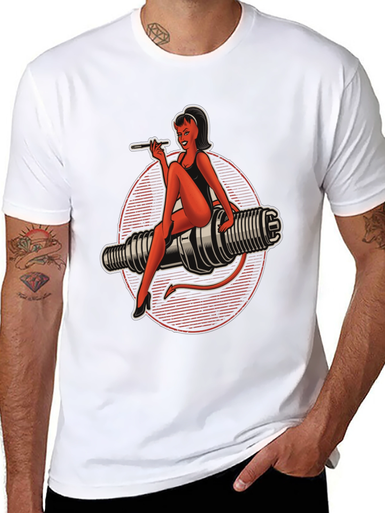 Devil Pin-Up Girl Spark Plug Graphic T-Shirt