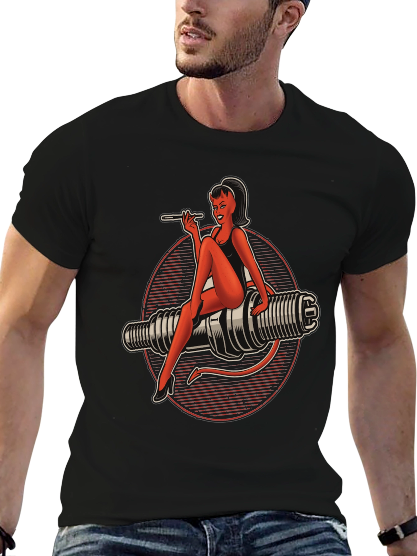 Devil Pin-Up Girl Spark Plug Graphic T-Shirt