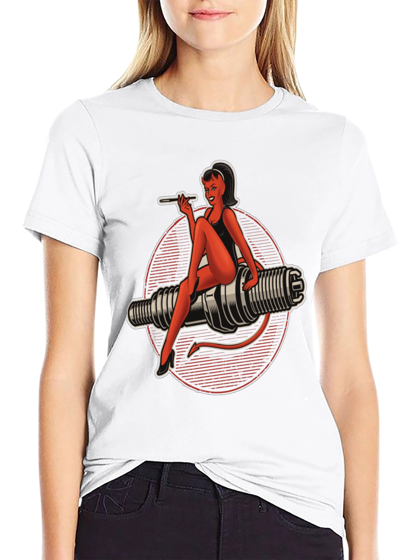 Devil Pin-Up Girl Spark Plug Graphic T-Shirt