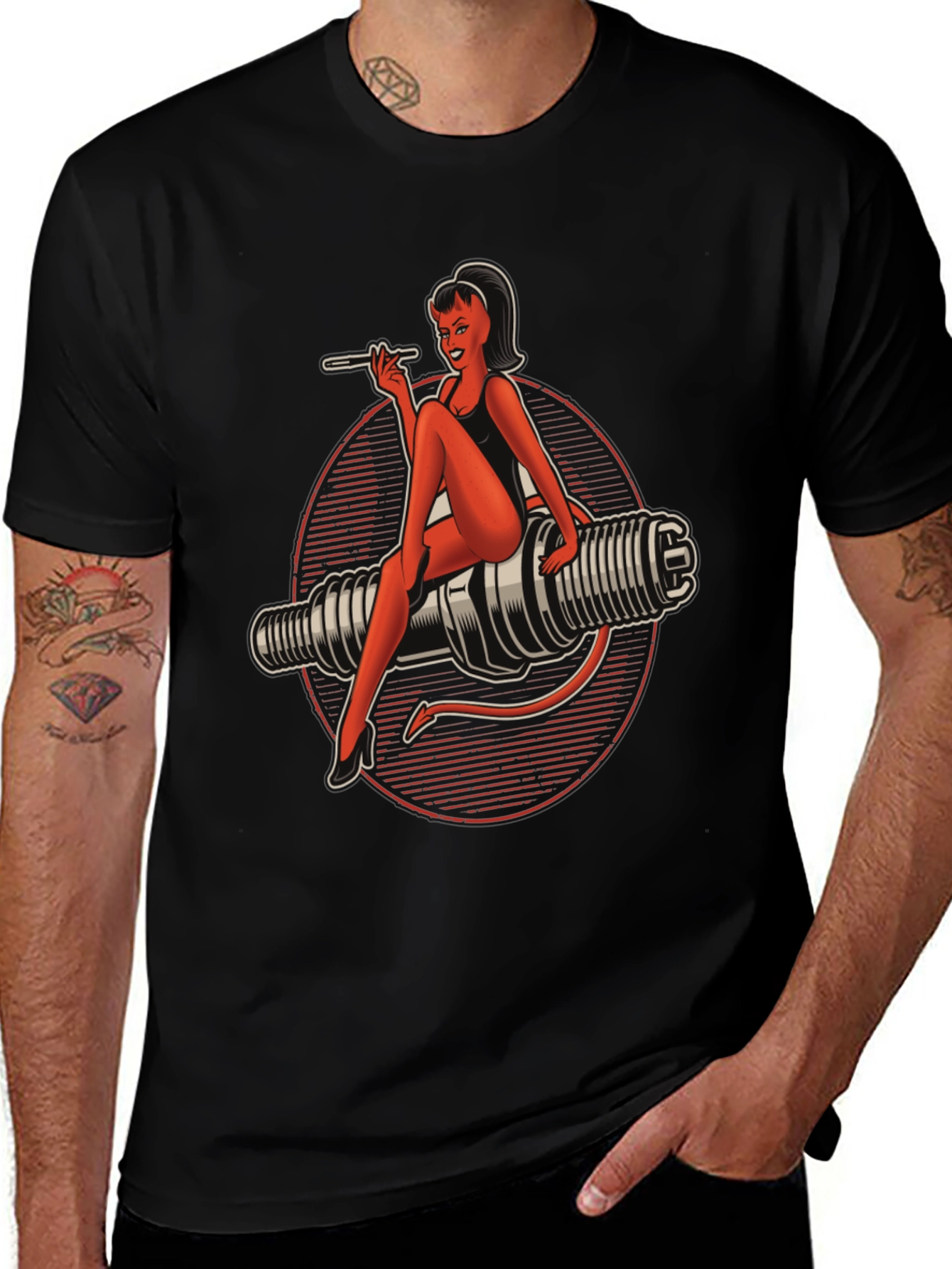 Devil Pin-Up Girl Spark Plug Graphic T-Shirt