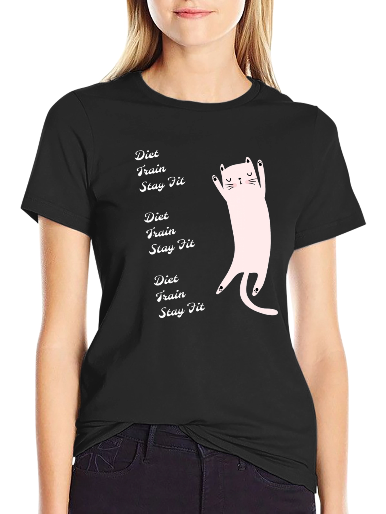 Diet Train Stay Fit Black T-Shirt with Cat Graphic