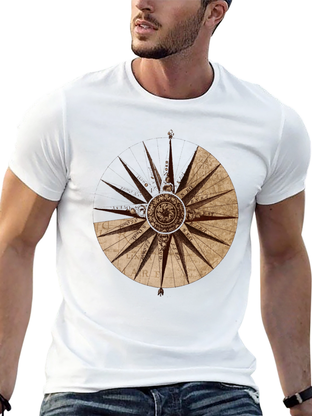 Nautical Compass Rose Graphic Tee - Black Cotton