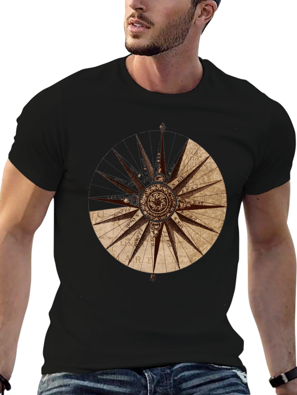 Nautical Compass Rose Graphic Tee - Black Cotton