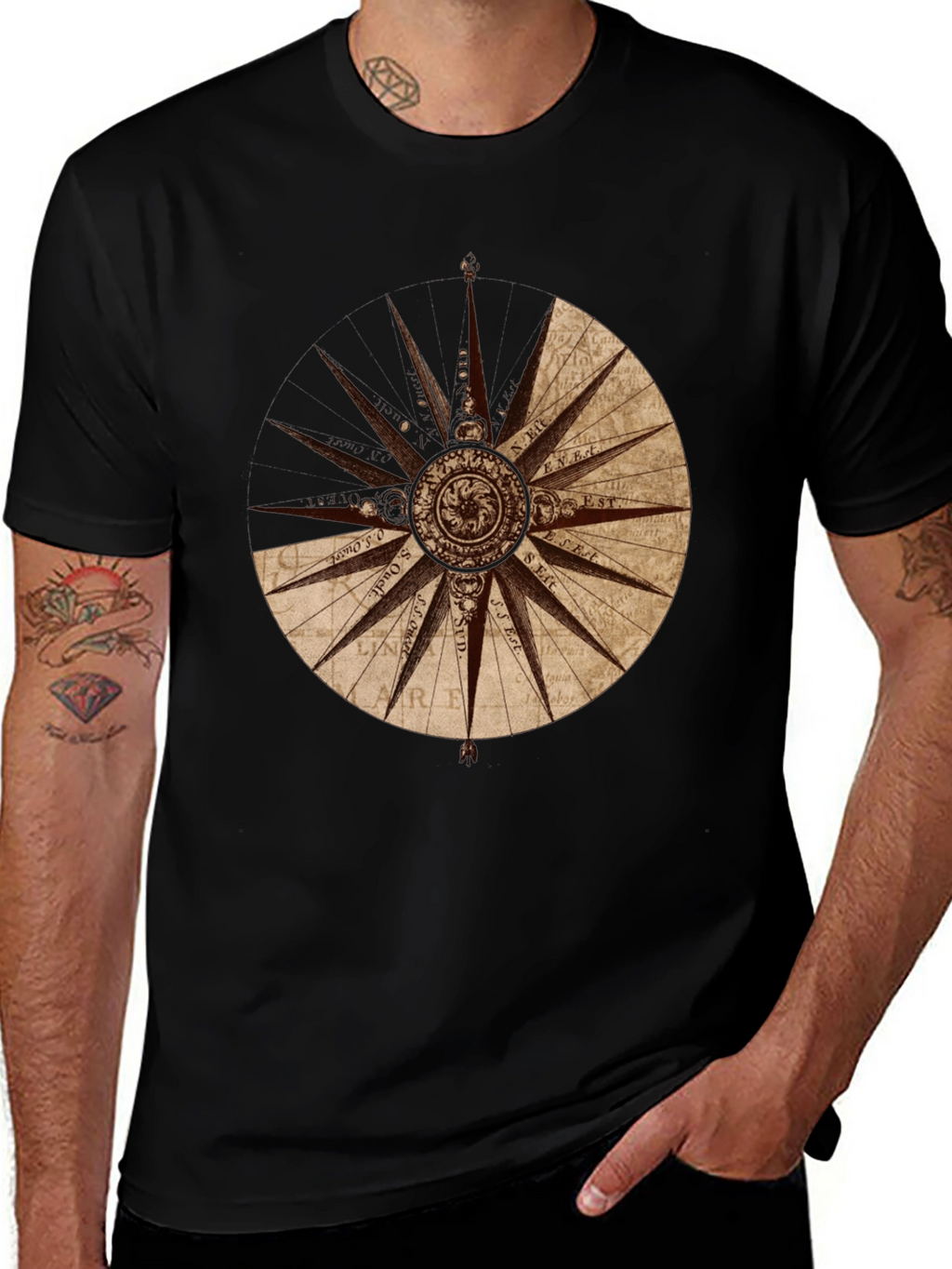 Nautical Compass Rose Graphic Tee - Black Cotton