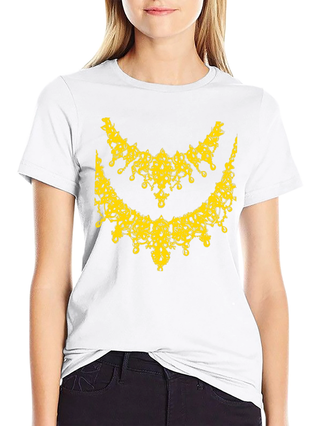 Elegant Yellow Necklace Design Black T-Shirt