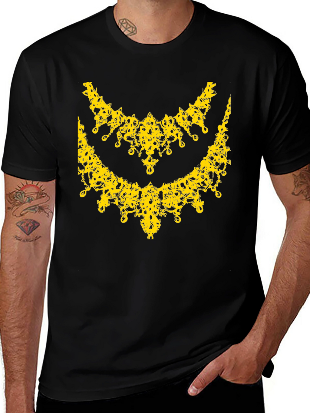 Elegant Yellow Necklace Design Black T-Shirt