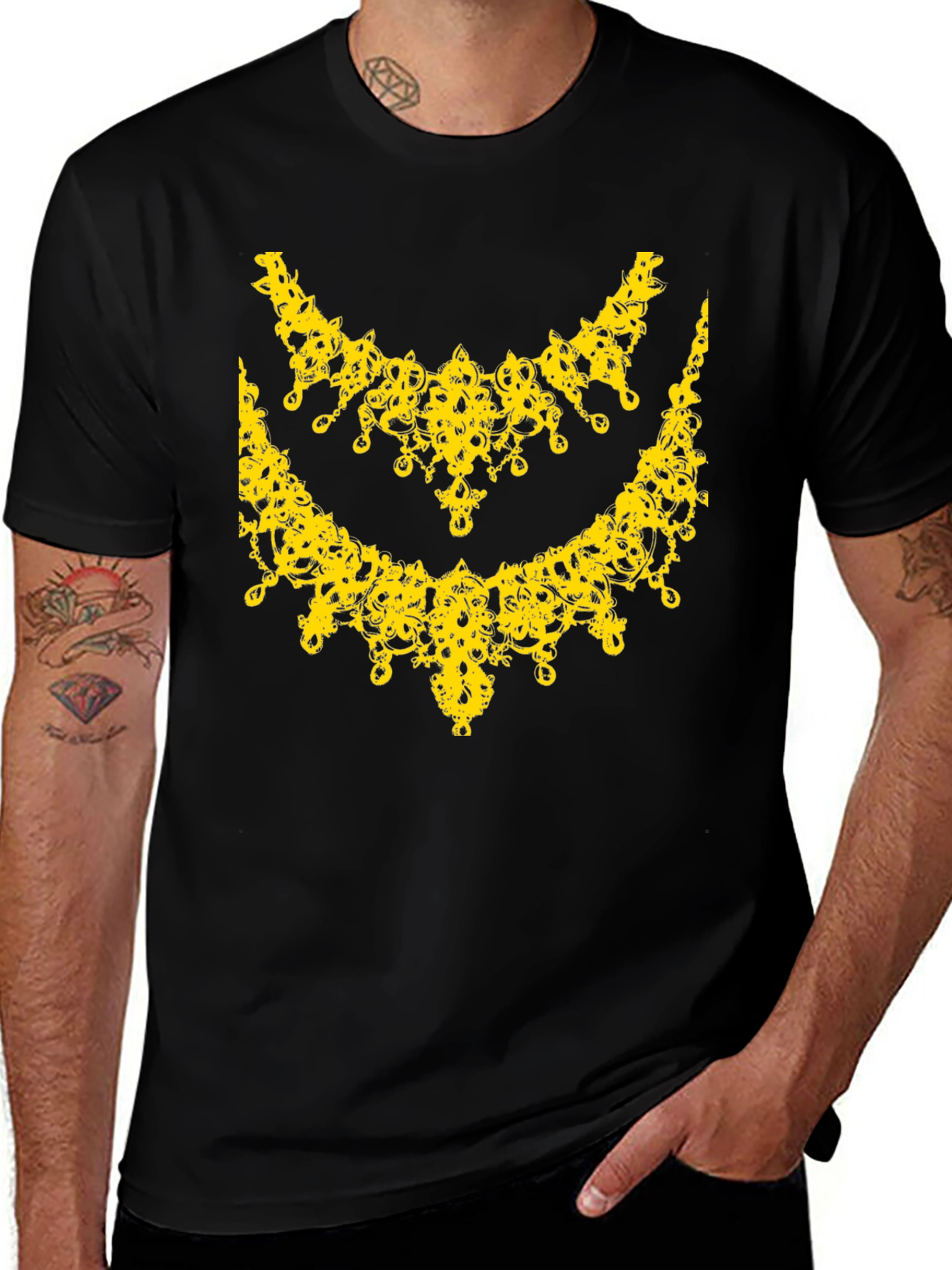 Elegant Yellow Necklace Design Black T-Shirt