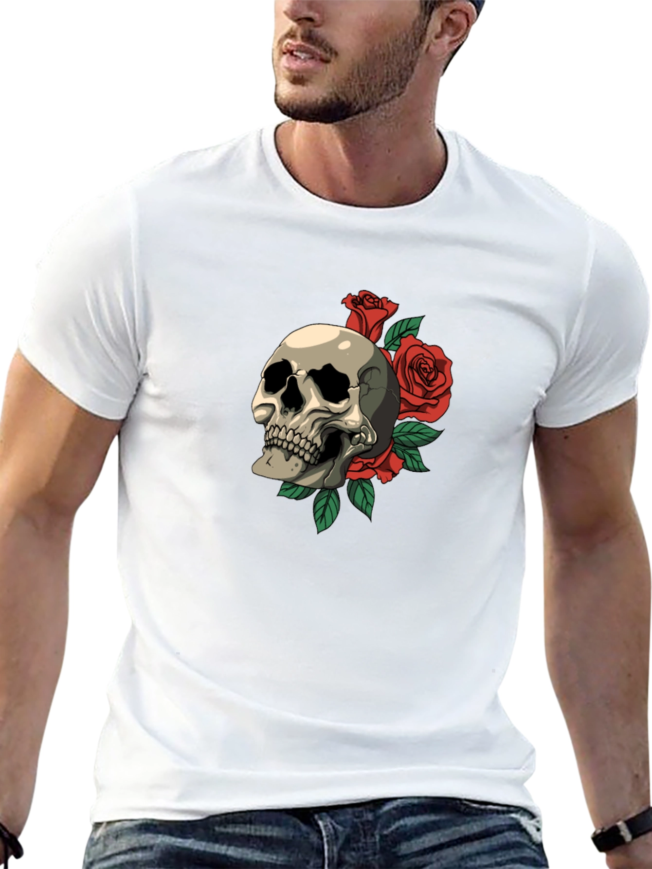 Skull & Roses Graphic Print T-Shirt - Classic Style