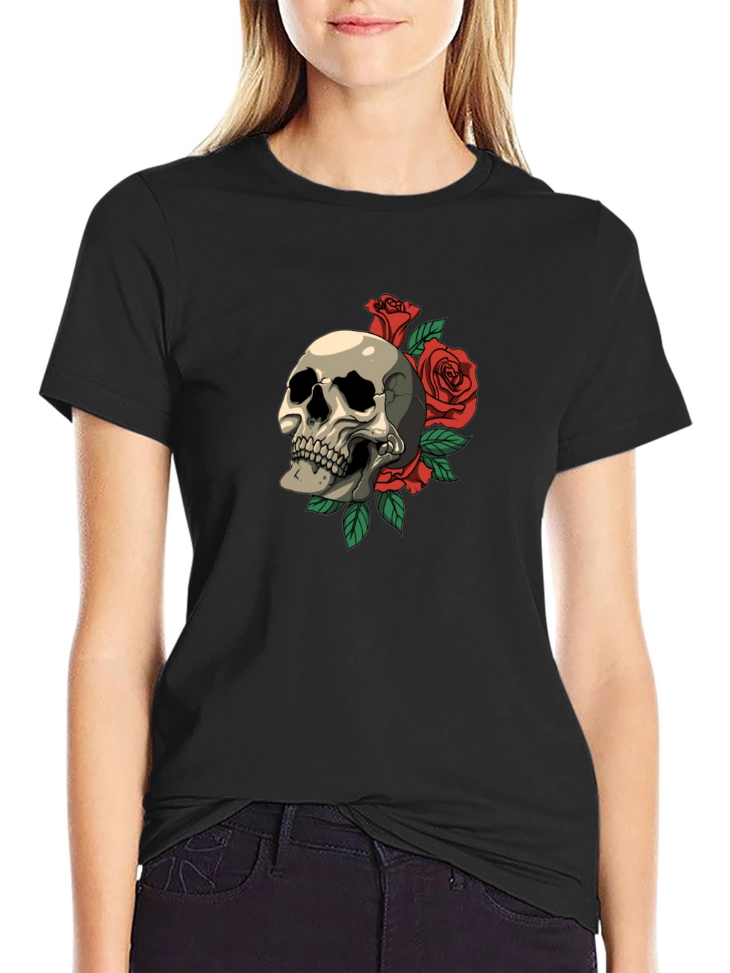 Skull & Roses Graphic Print T-Shirt - Classic Style
