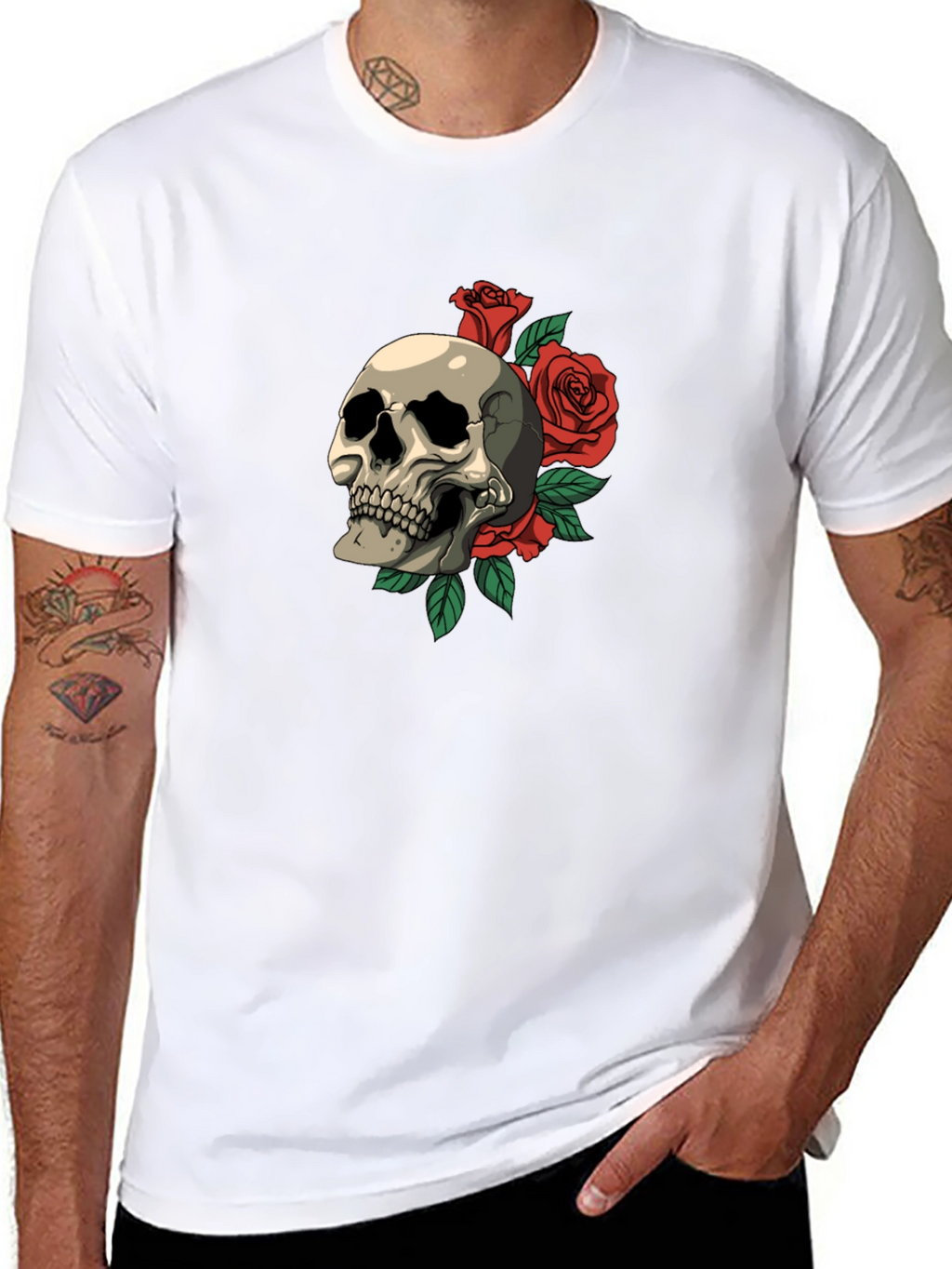 Skull & Roses Graphic Print T-Shirt - Classic Style