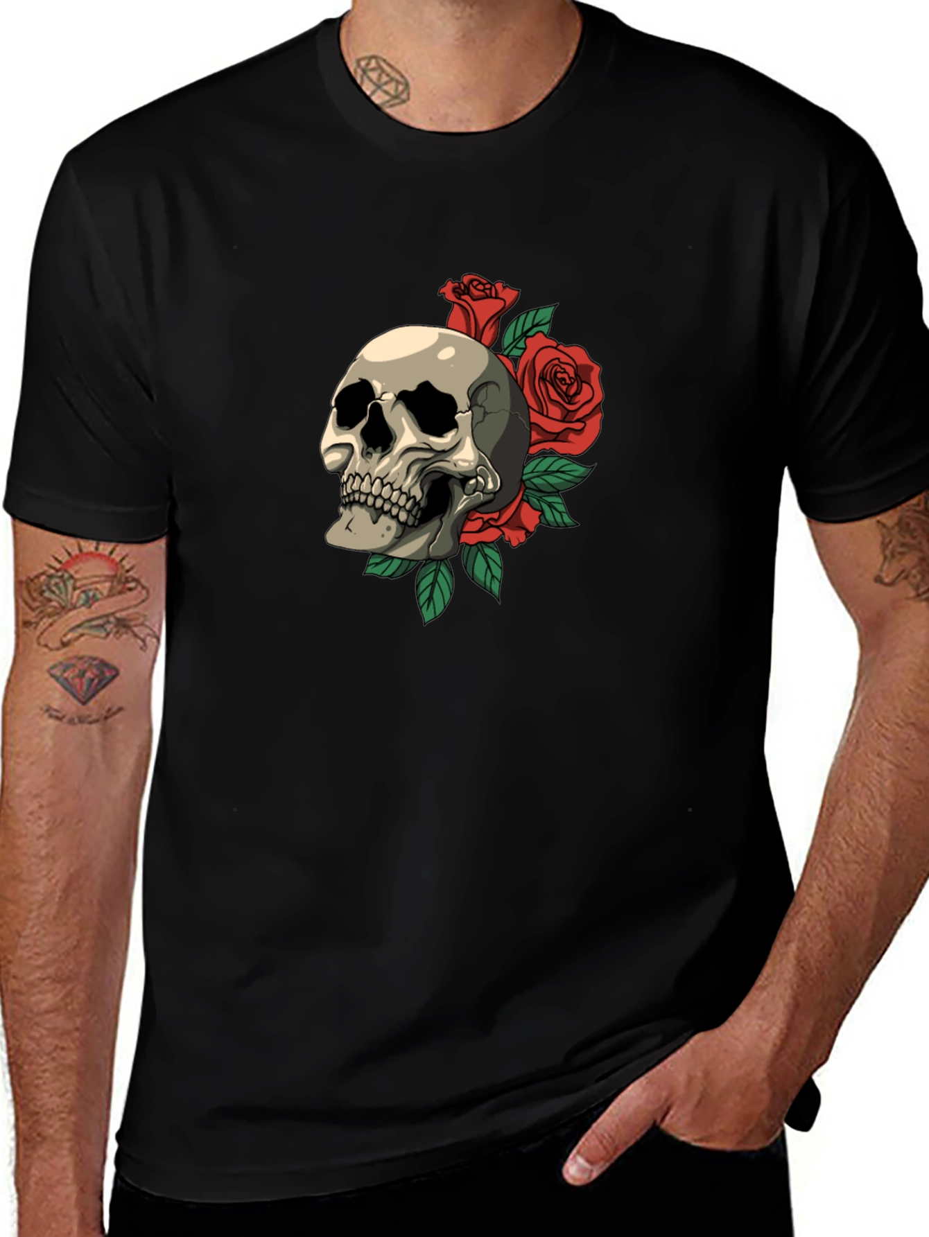 Skull & Roses Graphic Print T-Shirt - Classic Style