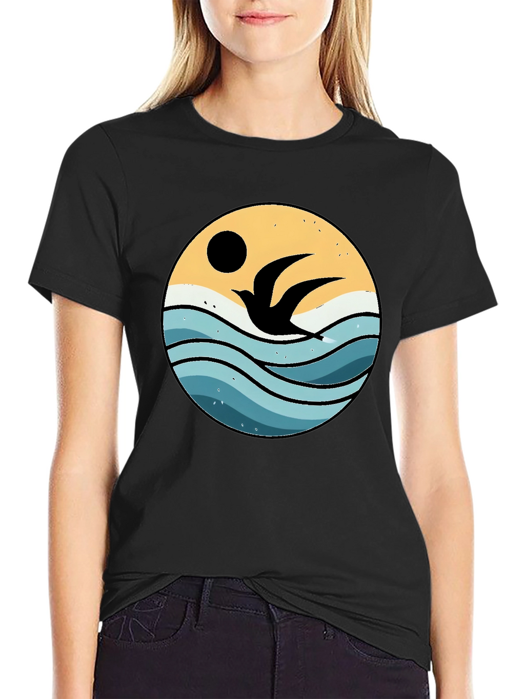 Ocean Bird Graphic Tee - Black Cotton Comfort