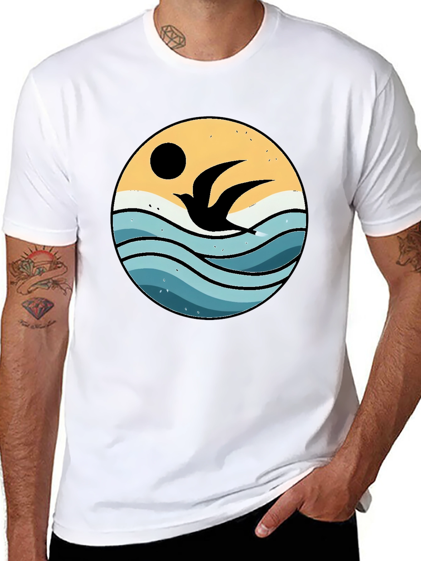 Ocean Bird Graphic Tee - Black Cotton Comfort