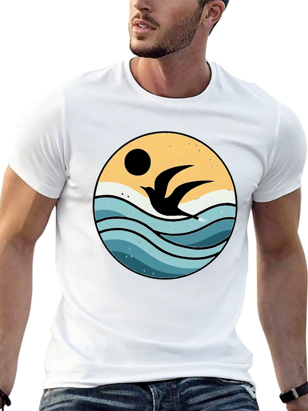 Ocean Bird Graphic Tee - Black Cotton Comfort