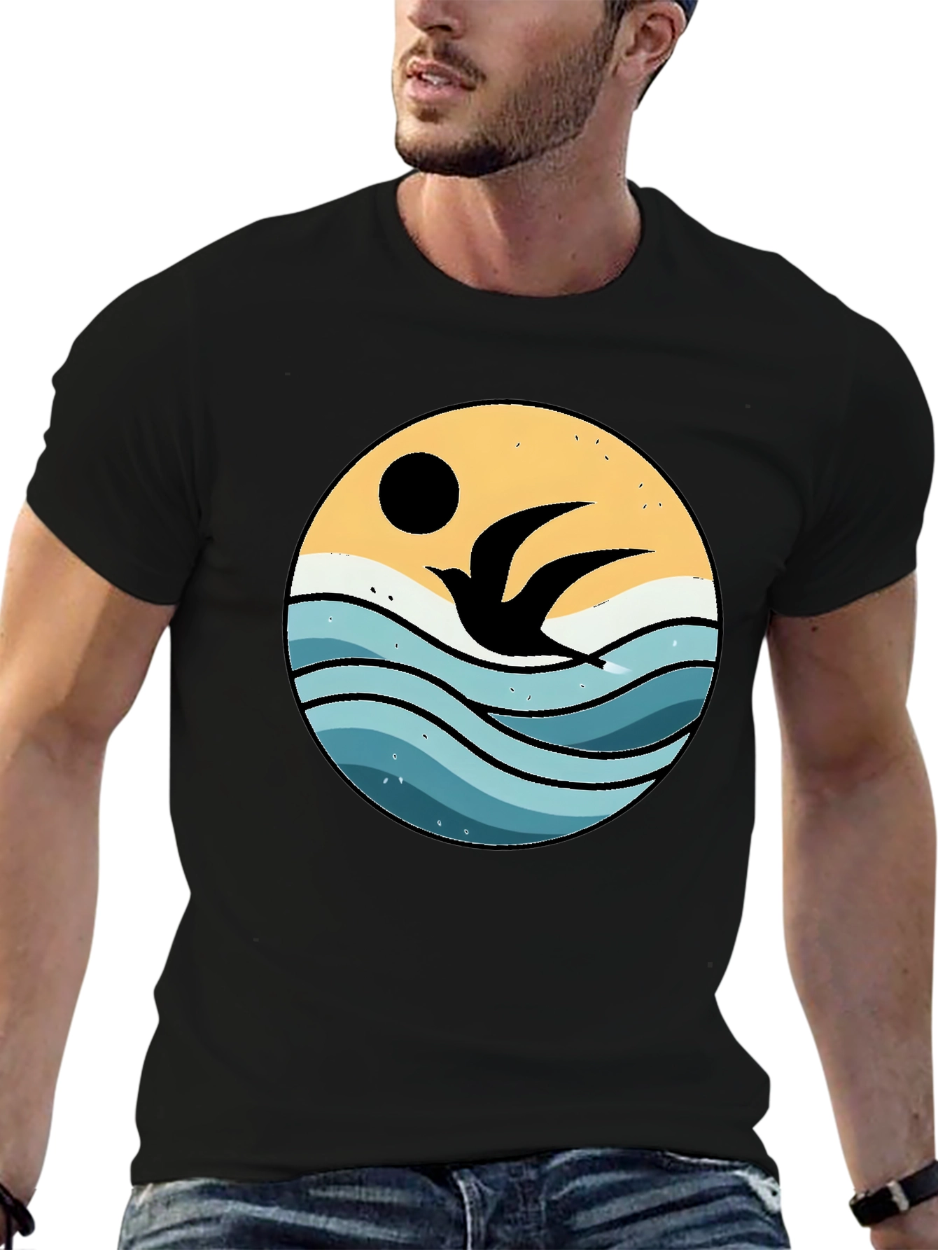 Ocean Bird Graphic Tee - Black Cotton Comfort