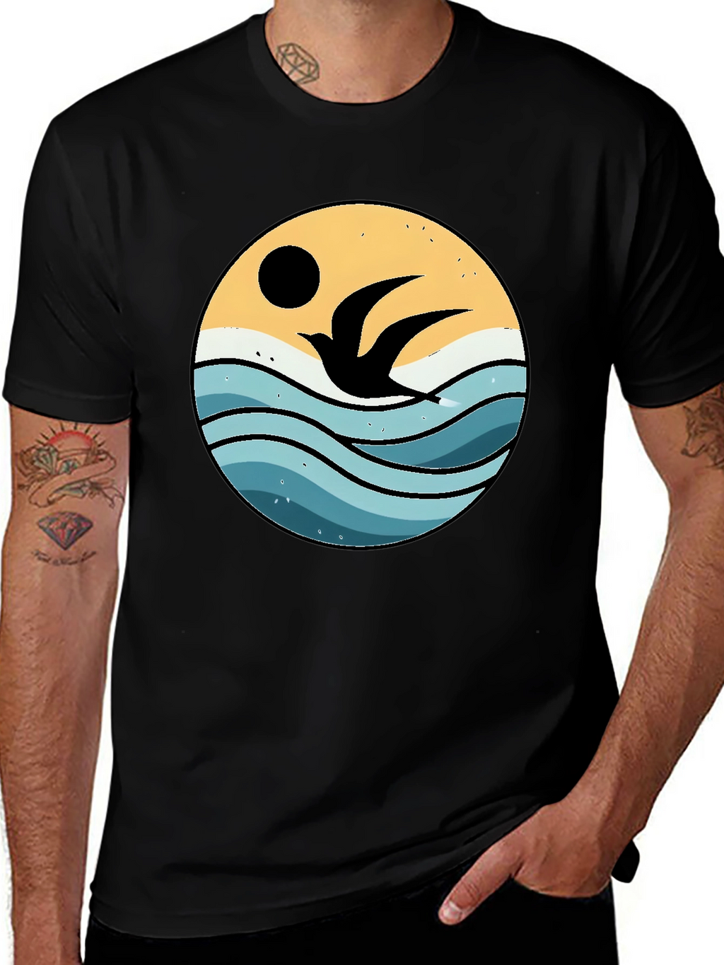 Ocean Bird Graphic Tee - Black Cotton Comfort