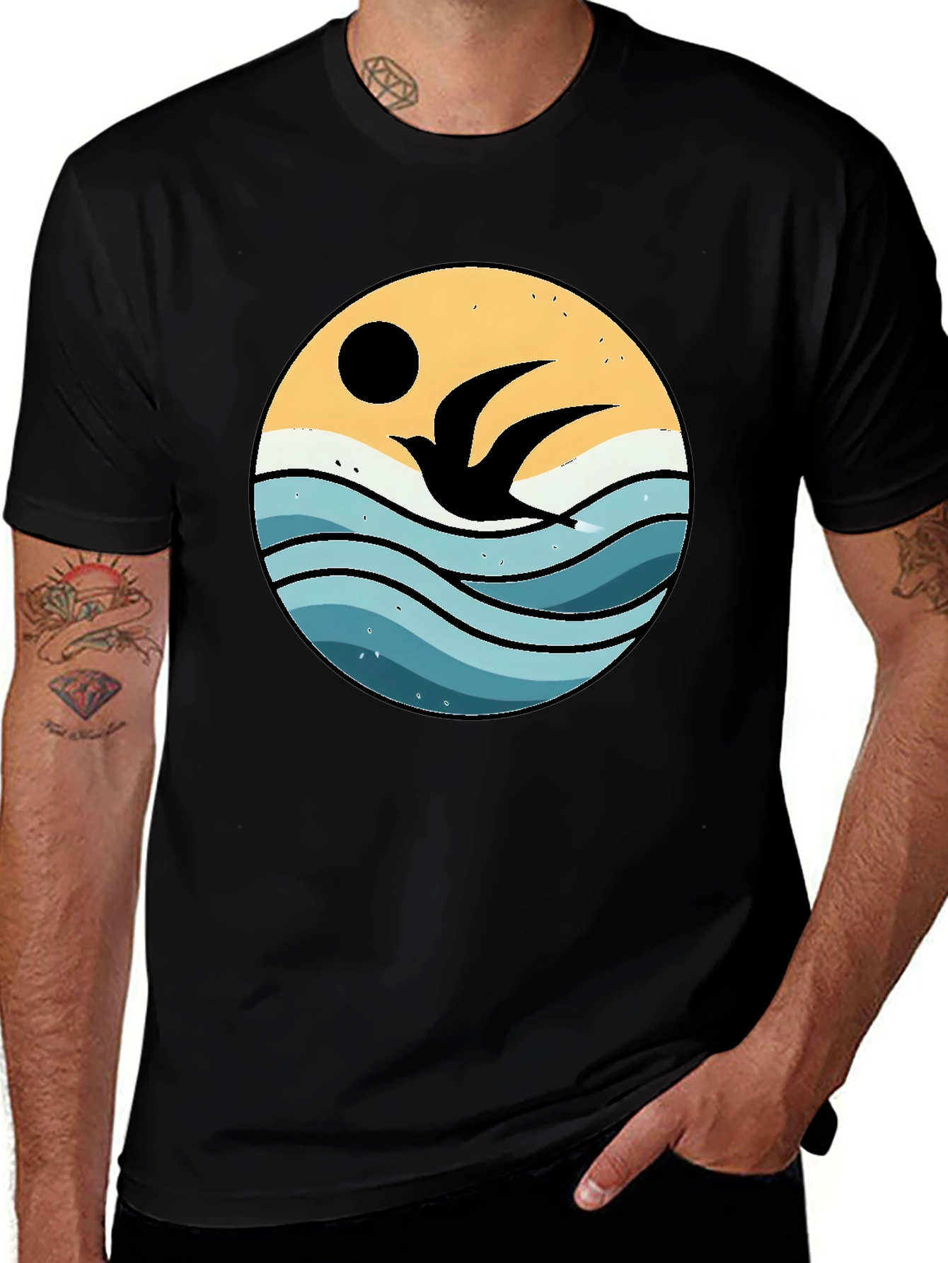 Ocean Bird Graphic Tee - Black Cotton Comfort