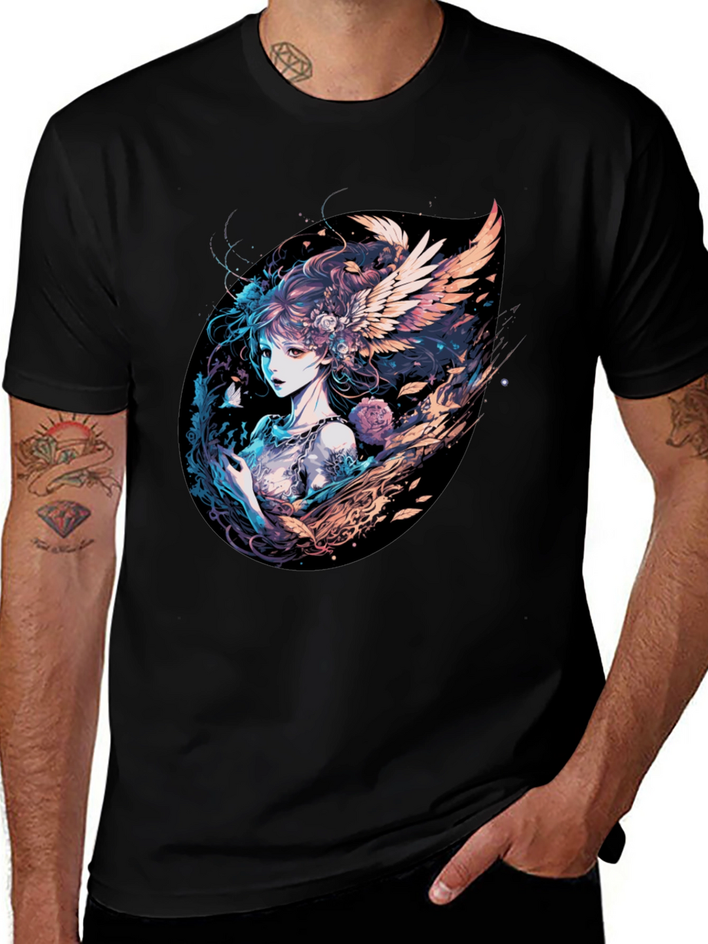 Winged Anime Girl Black T-Shirt