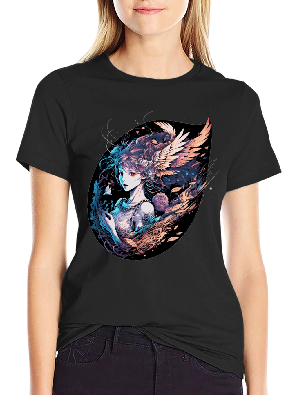 Winged Anime Girl Black T-Shirt