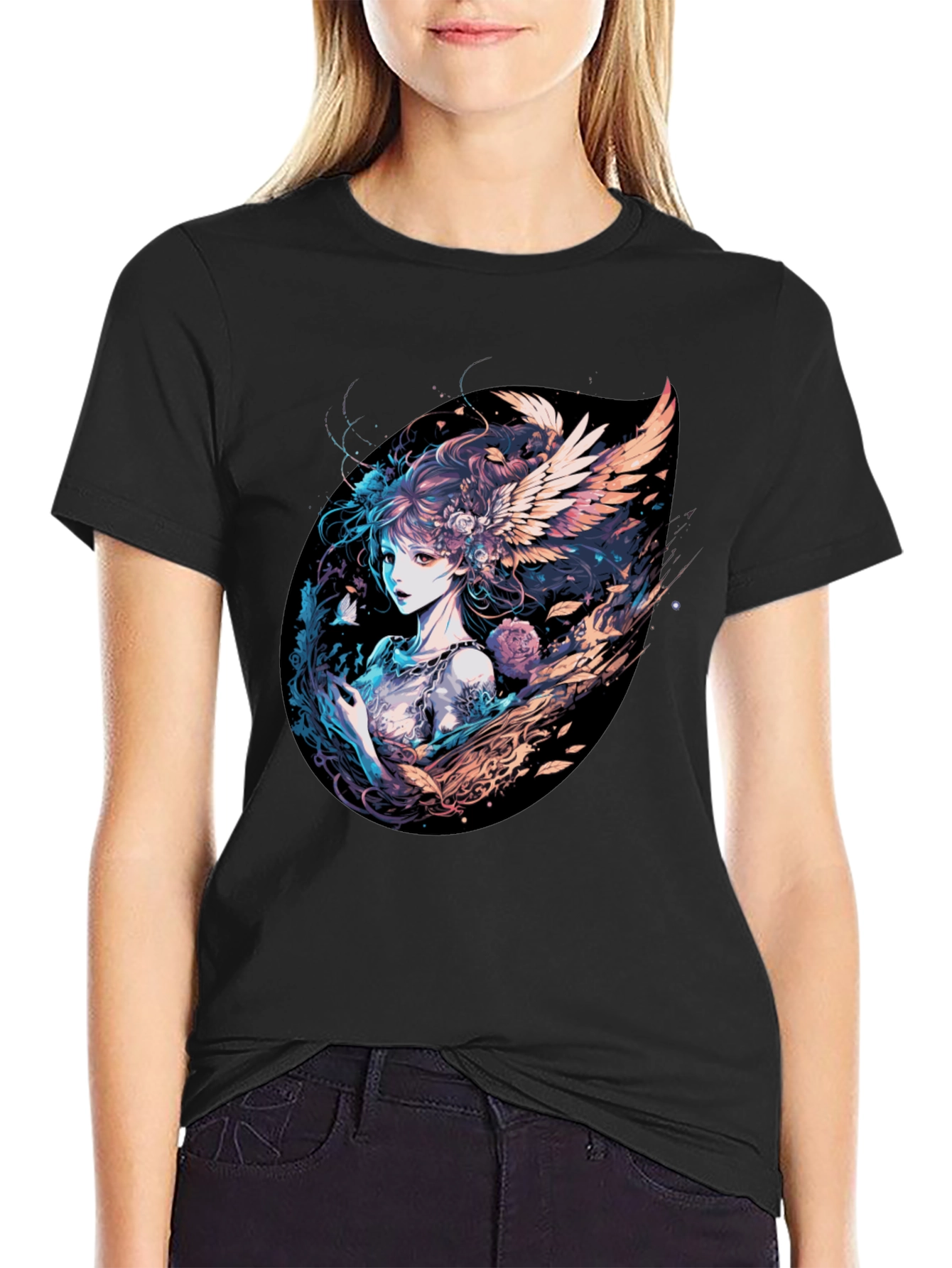 Winged Anime Girl Black T-Shirt
