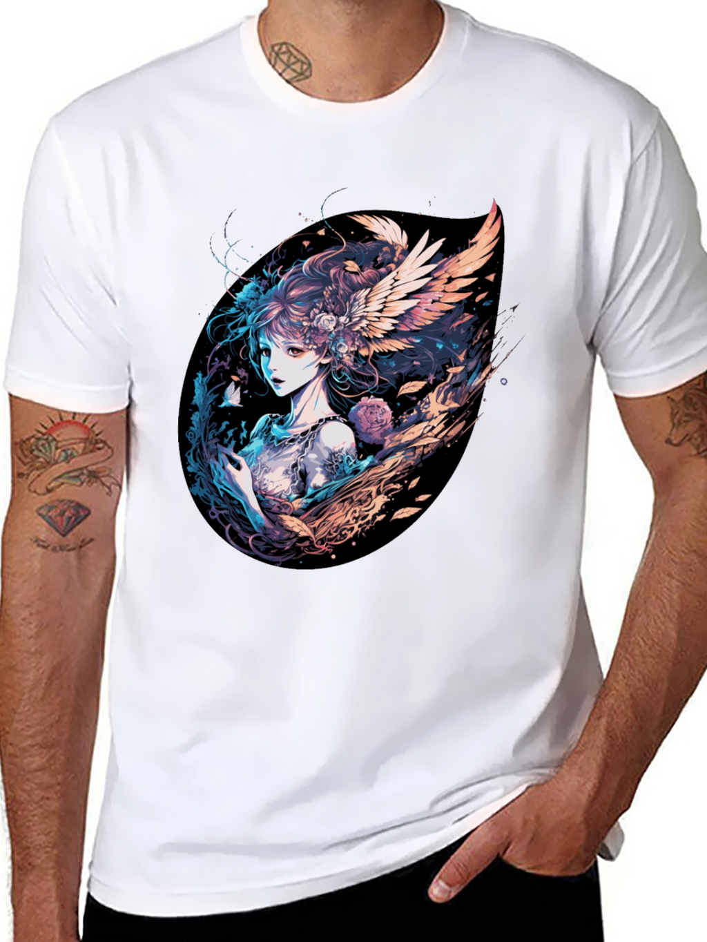 Winged Anime Girl Black T-Shirt