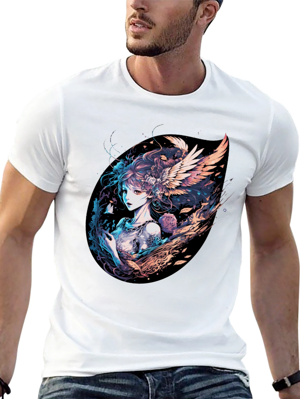 Winged Anime Girl Black T-Shirt