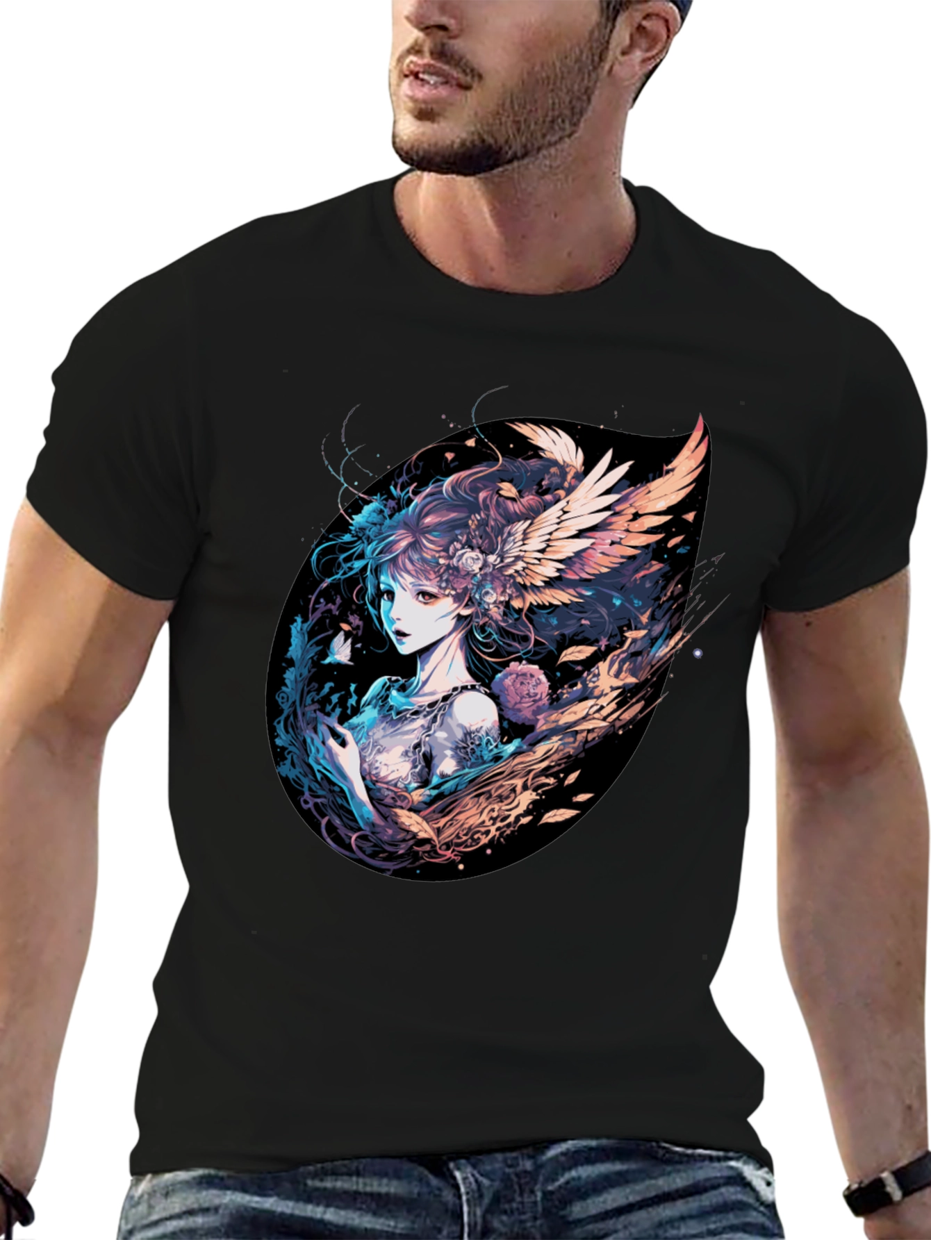 Winged Anime Girl Black T-Shirt